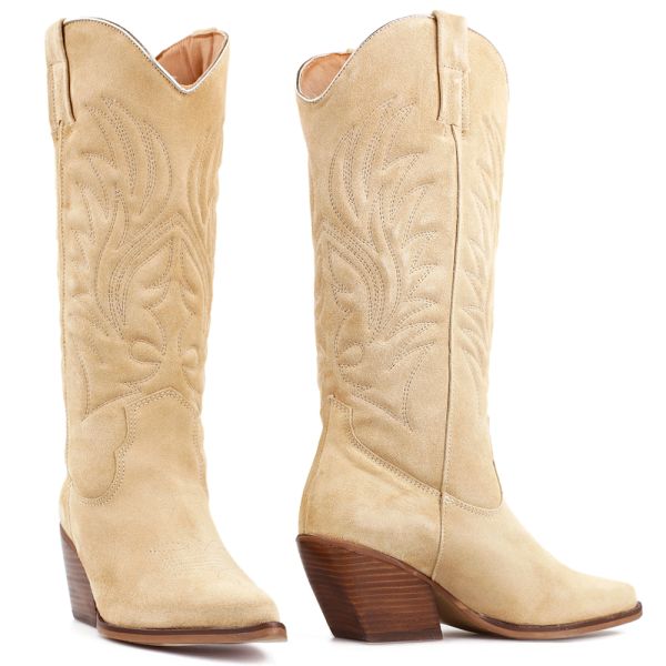 Cowboylaarzen Cappuccino Beige Suede met sierstiksels